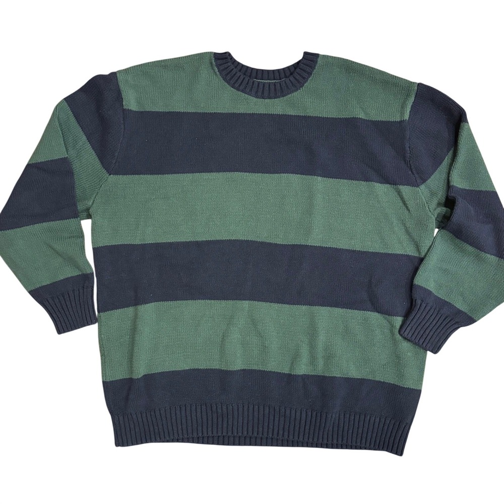 Hollister Oversized Striped Crewneck Sweater Green Navy Blue Medium